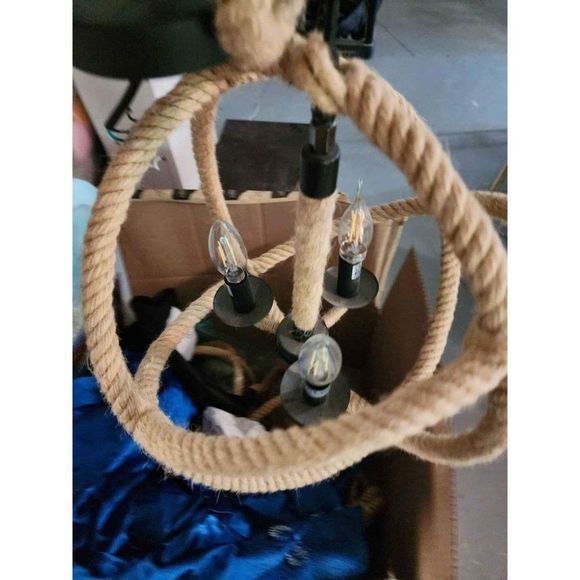 Traditional industrial Retro Chandelier 3 lights hemp rope vintage metal light - Picture 3 of 3